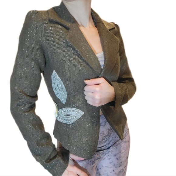 💄Vintage y2k Brown Pinstripe Silver Threaded Cropped Collar Blazer Jacket💄 - Picture 2 of 7